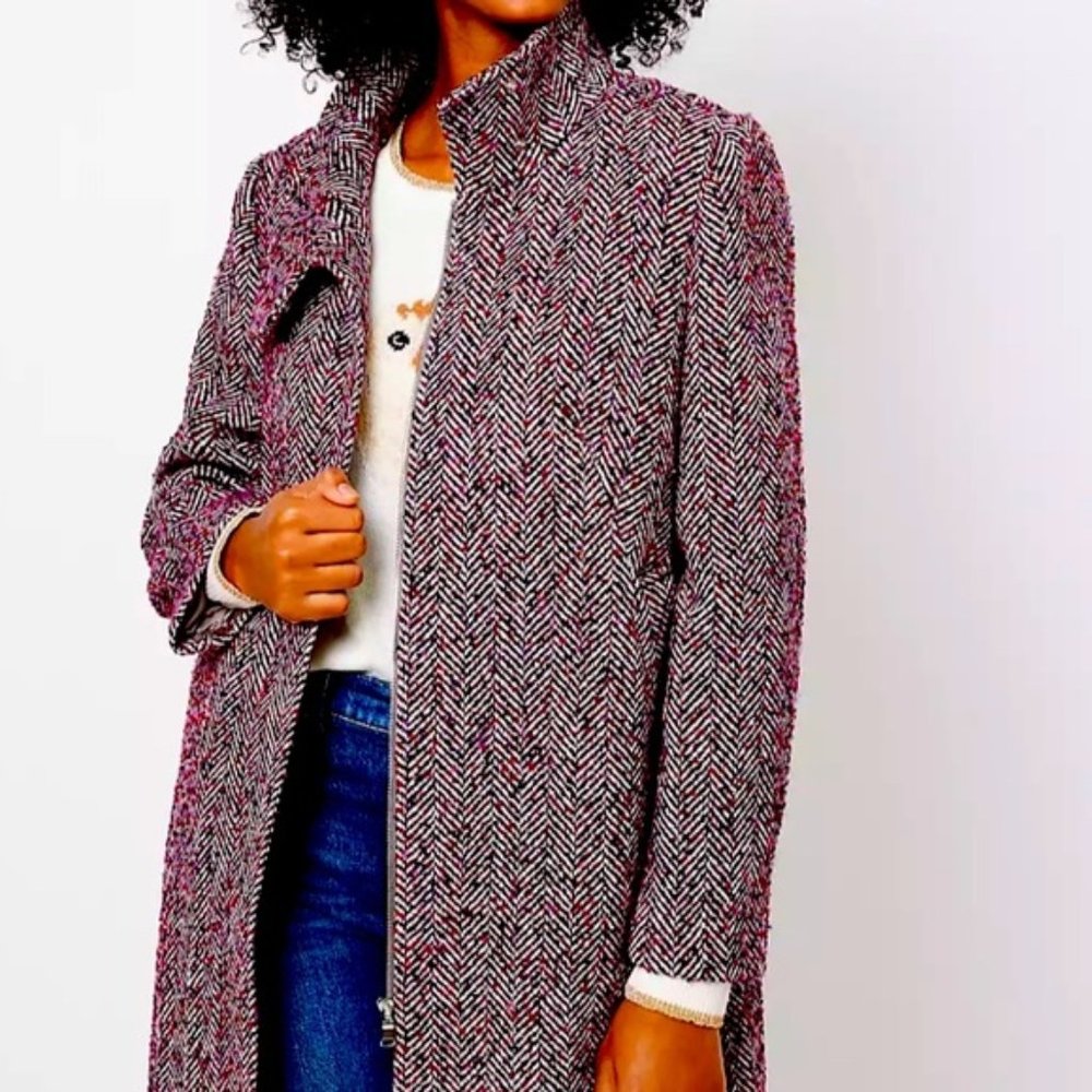 LOFT Women's Herringbone Coat - Black and Pink NWT